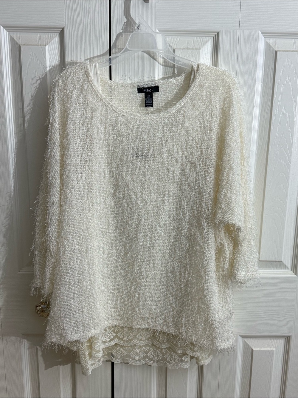 Alfani Cream Fuzzy Lace-Hem Tunic Sweater